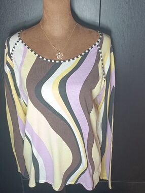 Pierri New York Abstract Wave Print Scoop Neck Knit Top L